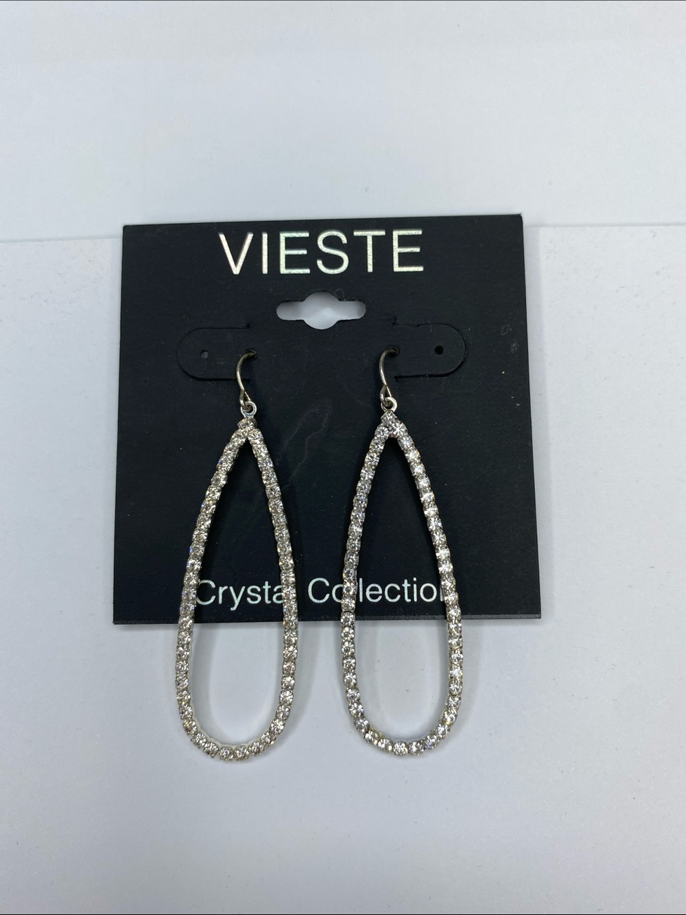 NWT Vieste Crystal Collection Rhinestone Teardrop Dangle Earrings Silver Tone